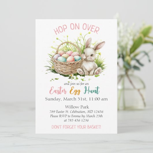 Aquarellbär Bunny + Basket|Ostereier Jagd Rosa Einladung (Stehend Vorderseite)