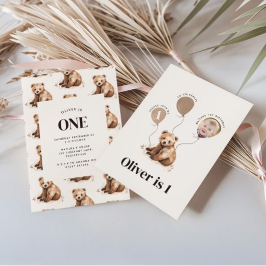 Aquarellbär Foto 1. Geburtstag Einladung