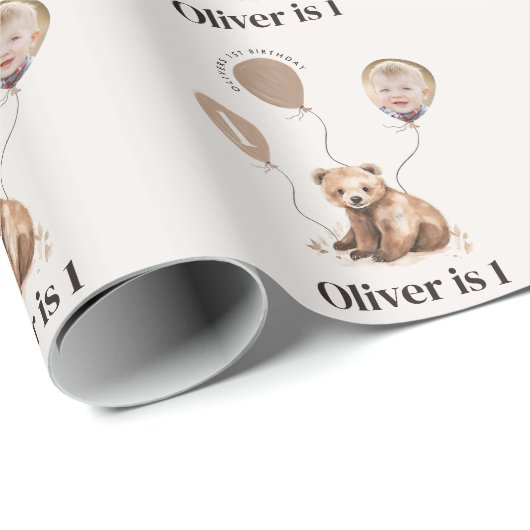 Aquarellbär Foto 1. Geburtstag Geschenkpapier (Rolleneckpunkt)