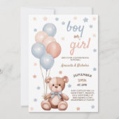 Aquarellbär Pink Blue Balloons Gender Reveal Einladung (Vorderseite)