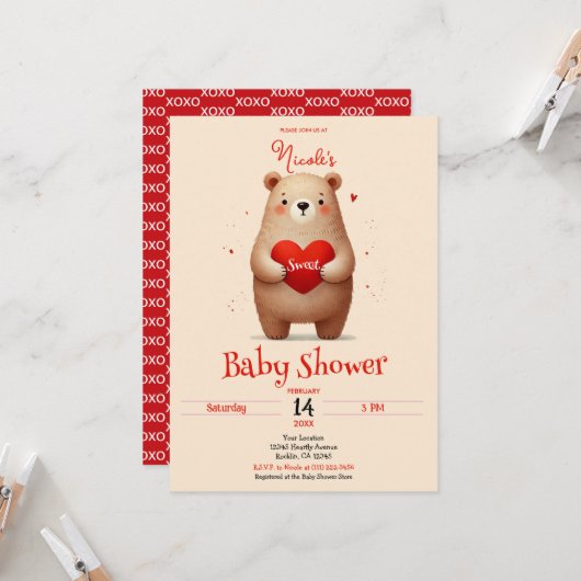 Aquarellbär Rotes Herz Valentine Babydusche Einladung (Vorderseite/Rückseite Beispiel)