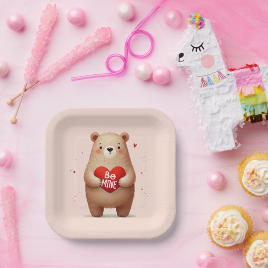 Aquarellbär Rotes Herz xo Valentinus Party Pappteller (Party)