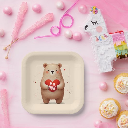 Aquarellbär Rotes Herz xo Valentinus Party Pappteller (Party)