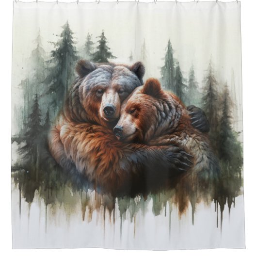 Aquarellbären & Bäume Rustikale Wildnis Duschvorhang (Vorderseite)