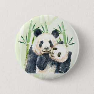 Aquarellbären Panda Bears Mama & Baby in Bamboo Button