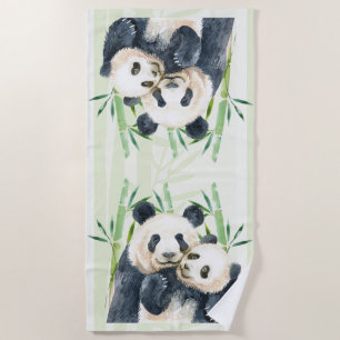Aquarellbären Panda Bears Mama & Baby in Bamboo Strandtuch