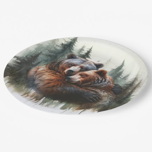 Aquarellbären Rustikale Wildnishochzeit Pappteller (Schrägansicht)