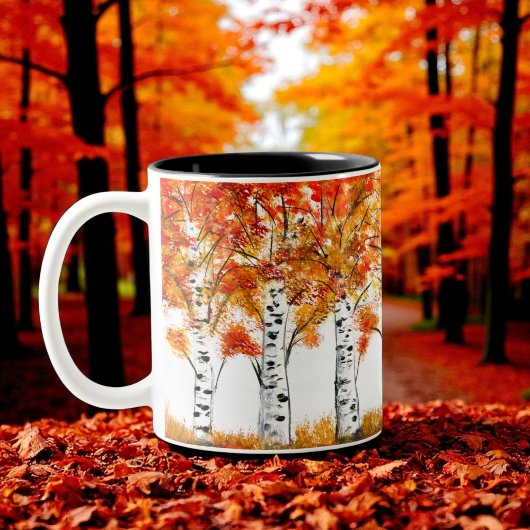 Aquarellbärten fallen Herbst Orangen-Blätter Zweifarbige Tasse