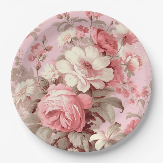 Aquarellbauernhof Pink Roses & White Cosmos Pappteller (Vorderseite)