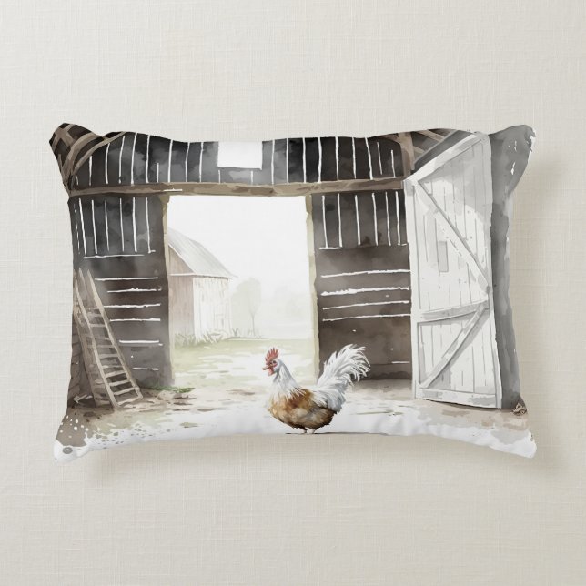 Aquarellbauernhofrooster in einer Scheune Dekokissen (Vorderseite)