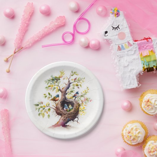 Aquarellbaum mit einem Nest von Babyvögeln Pappteller (Party)