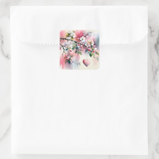 Aquarellbaum mit Herz Quadratischer Aufkleber (Tasche)