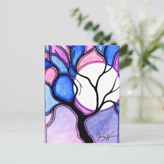 Aquarellbaum und Mond - Blau und Rosa Postkarte (Stehend Vorderseite)