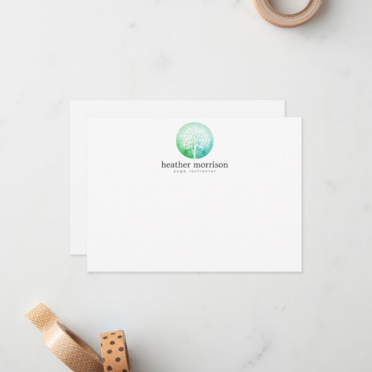 Aquarellbaum Yoga und Wellness Flat Notecard Mitteilungskarte (Vorderseite/Rückseite Beispiel)