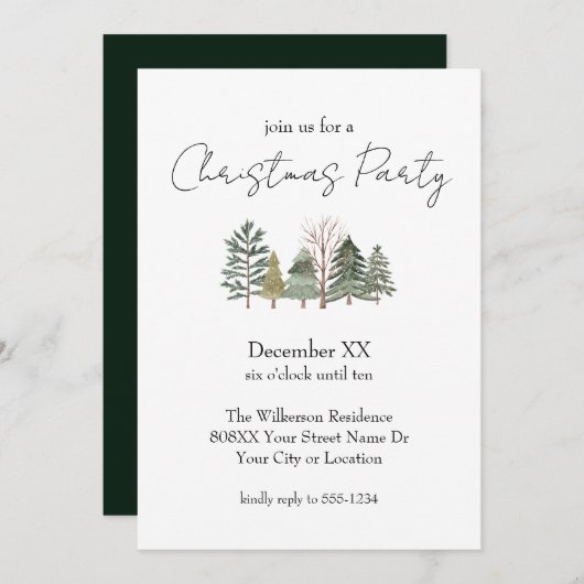Aquarellbäume & Elegantes Script Weihnachten Party Einladung (Vorne/Hinten)