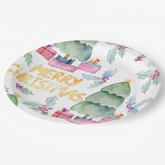 Aquarellbäume Pappteller (Schrägansicht)