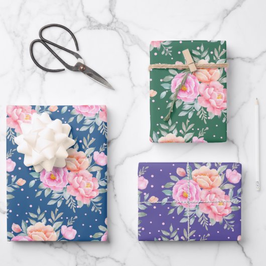 Aquarellbäume Rose Pink Peach Blumenstrauß Geschenkpapier Set (Vorderseite)