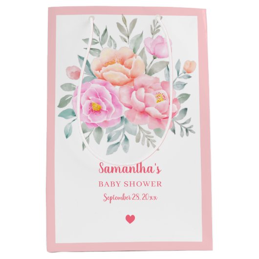 Aquarellbäume Rose Rosa Blumenstrauß Mittlere Geschenktüte (Vorderseite)