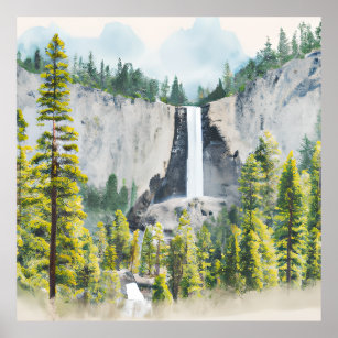 Aquarellbäume und Berge mit Wasserfall Poster