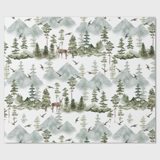 Aquarellbäume und Grüne Hirsche Geschenkpapier (Flach)