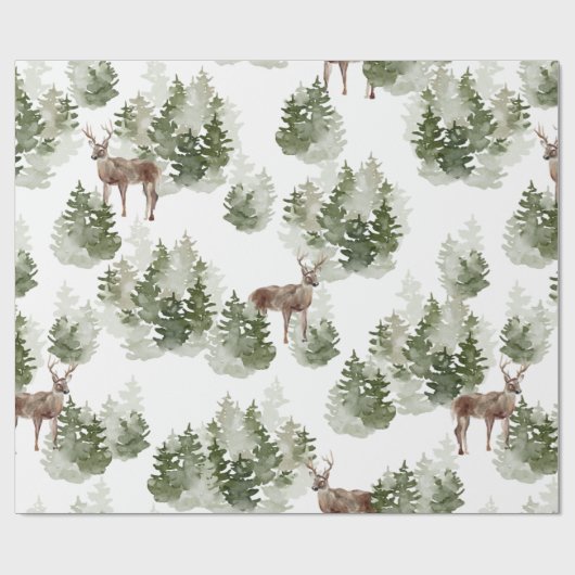 Aquarellbäume und Grüne Hirsche Geschenkpapier (Flach)
