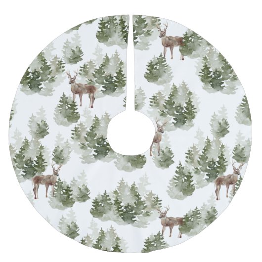 Aquarellbäume und Grüne Hirsche Polyester Weihnachtsbaumdecke (Vorderseite)