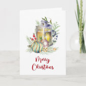 Aquarellbäume und Laternenweihnachtsgruß Feiertagskarte (Vorderseite)