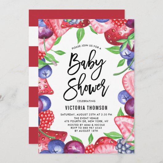 Aquarellbeeren Rahmen Summer Baby Dusche Einladung (Vorne/Hinten)