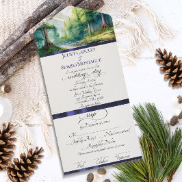 Aquarellberge & Blaue Schleife Hochzeit All In One Einladung
