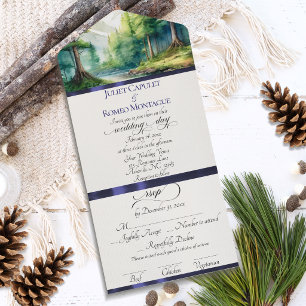 Aquarellberge & Blaue Schleife Hochzeit All In One Einladung