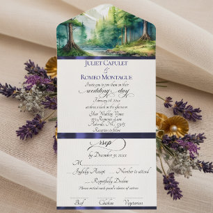 Aquarellberge & Blaue Schleife Hochzeit All In One Einladung
