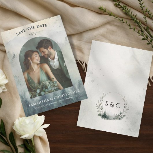 Aquarellberge & Kiefern Hochzeit Save The Date