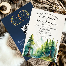Aquarellberge, QR-Code & Monogramm - Blau Einladung