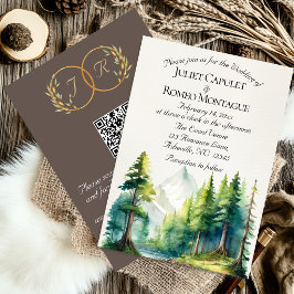 Aquarellberge, QR-Code & Monogramm - Mocha Einladung