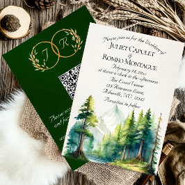Aquarellberge, QR-Code & Monogramm - Smaragdgrün Einladung