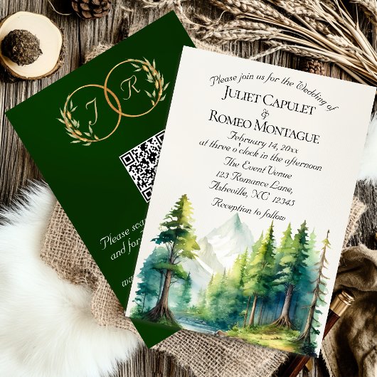 Aquarellberge, QR-Code & Monogramm - Smaragdgrün Einladung
