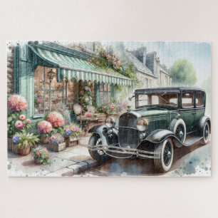 Aquarellbild eines Oldtimers und charmanten Blumen Puzzle