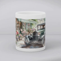 Aquarellbild eines Oldtimers und eines charmanten 