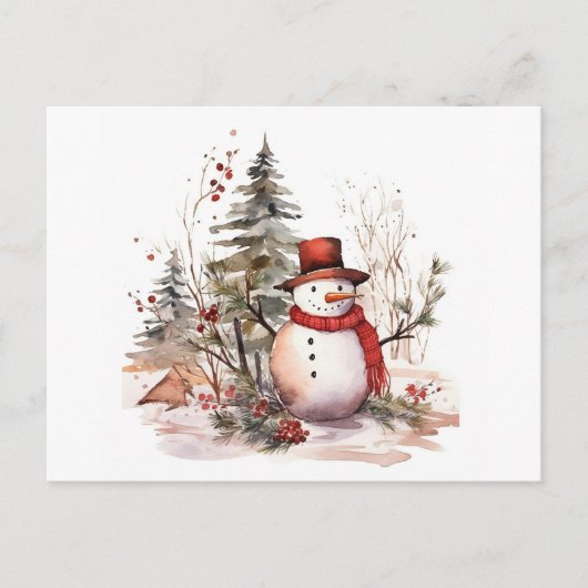 Aquarellbild eines Schneemanns in einem Hut und Postkarte (Vorderseite)