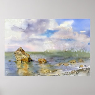 Aquarellbild Felsige Küste und Sommerwolken Poster