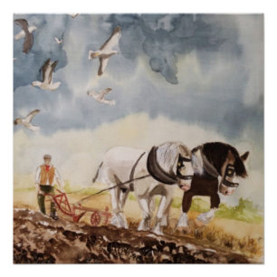 Aquarellbild Pferde beim Pflügen Poster
