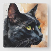 Aquarellbild Schwarze Katze Profil Pose Quadratische Wanduhr (Vorderseite)