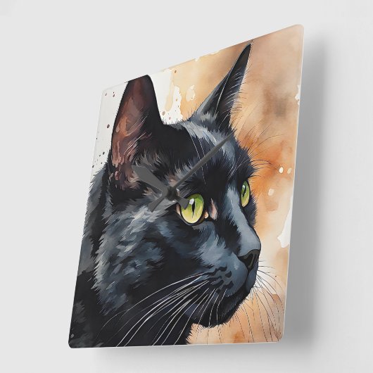 Aquarellbild Schwarze Katze Profil Pose Quadratische Wanduhr (Winkel)