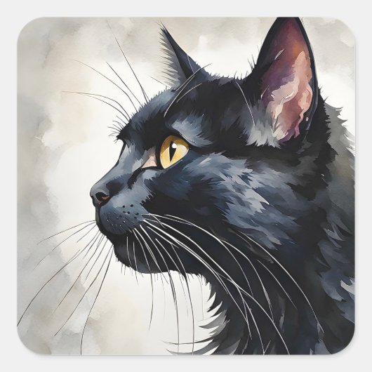 Aquarellbild Schwarze Katze Profil Pose Quadratischer Aufkleber (Vorderseite)