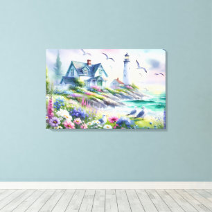 Aquarellbild von einem Cottage und Leuchtturm am M Leinwanddruck