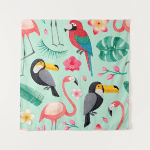 Aquarellbilder für Vögel, tropische Blume Wandteppich