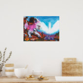 Aquarellbilder Junge reitet weiße Lioness Poster (Küche)