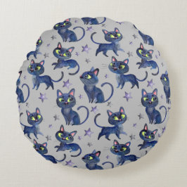 Aquarellbilder mit schwarzen Katzen Rundes Kissen