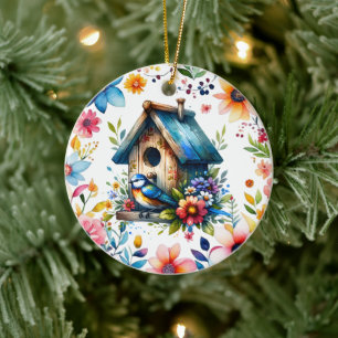 Aquarellbilder von Birdhouse und Bird Keramik Ornament