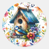 Aquarellbilder von Birdhouse und Bird Runder Aufkleber (Vorderseite)
